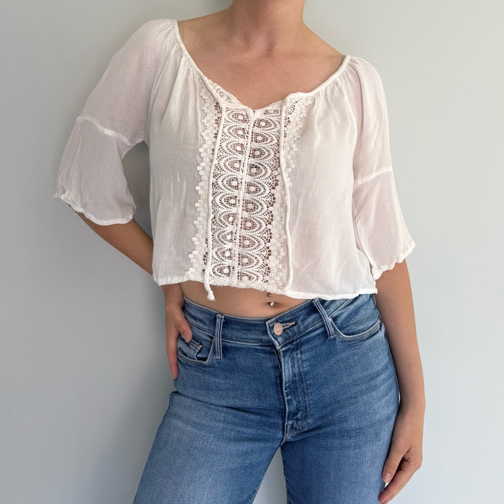 Hollister Lace Gauze Peasant Blouse Cream XS